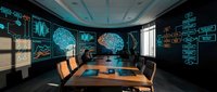 Futuristic conference room with holographic brain displays and digital interfaces for AI technology presentations and corporate meetings.