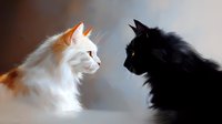 White and ginger cat facing black cat in dramatic profile silhouette against light background, showing contrast between light and dark felines in artistic composition.