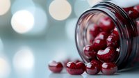 Fresh ripe cherries spilling from glass jar on blue bokeh background, selective focus on juicy red fruits creating appetizing food composition.