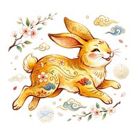 Golden rabbit with ornamental floral patterns, cherry blossoms, and decorative clouds on white background. Isolated clipart suitable for children's designs, textiles, and crafts.