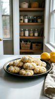 Homemade lemon crinkle cookies dusted with powdered sugar on dark plate in bright kitchen with fresh lemons and organized pantry shelves in background.