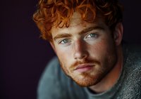 Young redhead man with curly hair and freckles looking at camera with blue eyes and beard against dark background for portrait photography.