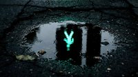 Neon yen symbol reflected in urban puddle on wet asphalt street, glowing cyan currency sign for financial, cryptocurrency, and money-related design projects.