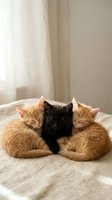 Three adorable kittens sleeping together on cozy blanket in warm sunlight. Two orange tabby and one black kitten cuddling peacefully at home.