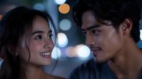 Young Asian couple sharing romantic moment at night with blurred city lights creating dreamy bokeh effect in background, intimate close-up portrait.