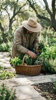 Male gardener in wide-brimmed hat harvesting fresh herbs from garden into wicker basket on sunny day surrounded by lush greenery and trees for organic farming.