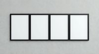 Four empty black picture frames mounted on textured gray wall in horizontal row for gallery display and interior design mockup.