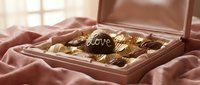 Luxury box of assorted chocolates with love inscription on pink velvet, warm romantic mood for Valentine's Day and gift giving.