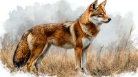 Red fox standing alert in autumn grassland against misty watercolor background, artistic wildlife illustration showing detailed fur texture and natural habitat.