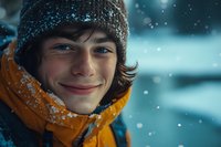 Young man in winter attire with orange jacket and knit beanie smiling warmly during snowfall, close-up portrait with natural bokeh and falling snowflakes in blue winter atmosphere.