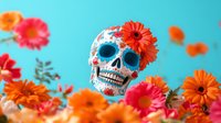 Decorative sugar skull with orange gerbera daisies and pink flowers on vibrant turquoise background. Mexican folk art celebration with floral arrangement and festive colors.