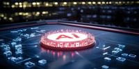 Glowing red circular processor core on dark circuit board with futuristic digital elements, representing quantum computing and advanced technology processing power.