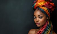 Young African woman wearing vibrant multicolored headwrap against dark background, bare shoulders, radiant smile and glowing makeup highlighting natural beauty.