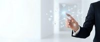 Businessman hand touching digital interface with network connectivity icons representing modern technology and communication solutions for corporate environments.