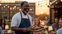 Smiling African American chef serving grilled meat platter at outdoor restaurant during golden hour sunset with string lights and happy diners in background.