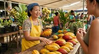 Smiling Asian woman vendor in yellow apron selling fresh colorful cacao pods at bustling outdoor farmers market stall with tropical plants in background.