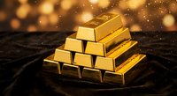 Shiny gold bars stacked in pyramid formation on dark surface with warm bokeh lights background for luxury investment and wealth concepts.