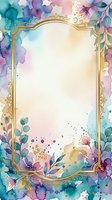 Ornate golden frame with watercolor florals in purple, pink, teal, and yellow tones on isolated white background, ready for invitations, greeting cards, and design projects.