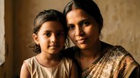 South Asian mother and daughter portrait in warm golden light wearing traditional clothing against textured wall background for family photography.