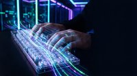 Hands typing on futuristic holographic keyboard with neon lights and digital interface elements in cyberpunk style technology concept for modern computing.