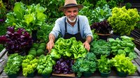 Senior Caucasian male farmer in hat and apron displaying fresh organic lettuce varieties and vegetables at local market stand surrounded by colorful produce.