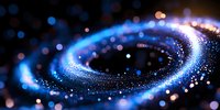 Glowing spiral of luminous particles with blue light effects against dark background, creating cosmic swirl pattern with bokeh and sparkle elements.