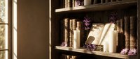 Cozy library corner with vintage books, candles and lavender flowers creating warm atmospheric reading nook for relaxation and study.