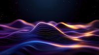 Abstract flowing waves with vibrant purple, blue and orange neon lights creating dynamic energy patterns on dark background for modern digital design.