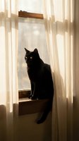 Black cat sitting on windowsill between sheer curtains, looking out window with yellow eyes. Domestic pet in natural sunlight for home decor.