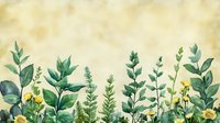 Vintage botanical border with green herbs and yellow wildflowers on aged parchment background for nature-inspired designs.