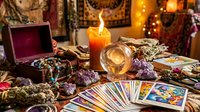 Fortune teller table with tarot cards, crystal ball, burning candle, amethyst crystals and mystical accessories for spiritual divination readings.