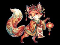 Festive fox in traditional Asian attire holding a lantern and scroll, isolated on transparent background. Great for stickers, t-shirt design, and print on demand.