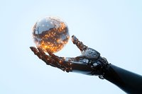 Robotic hand holding glowing sphere with digital network connections against light background, representing artificial intelligence and future technology advancement.