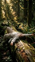 Young woman lying peacefully on mossy fallen log in enchanted forest with golden sunlight filtering through trees and lush ferns creating serene natural atmosphere.