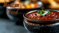 Spicy red salsa sauce in traditional ceramic bowl garnished with fresh cilantro for authentic cuisine and restaurant menu design.