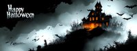 Spooky haunted mansion on foggy hill with glowing windows and flying bats against dark cloudy sky, Halloween horror scene in panoramic format.