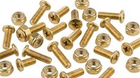 Gold-toned brass screws and nuts scattered on white background, isolated hardware fasteners for construction, engineering, and DIY design projects.