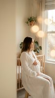 Pregnant woman in white robe sitting by nursery crib touching belly in warm sunlit room with plants and pendant lights for maternity lifestyle content.