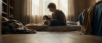 Father and young daughter reading book together on bed in cozy bedroom with warm natural light streaming through window creating intimate family bonding moment.