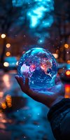 Glowing Earth sphere floating above hand with city lights and bokeh background in magical blue and orange tones, showing illuminated continents at night.