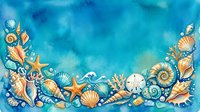 Watercolor ocean border with seashells, starfish, coral and marine elements on blue background for summer designs and coastal themed projects.