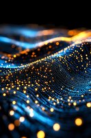 Abstract digital wave pattern with glowing golden particles and blue light streams flowing in dynamic motion against dark background for technology concepts.