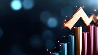 Growing financial chart with glowing arrow showing upward trend on dark background with bokeh lights and sparkle effects, business success concept.