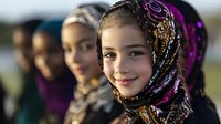 Young Middle Eastern girl wearing colorful hijab with purple and gold pattern smiles at camera, with other girls in traditional headscarves standing behind in soft focus.