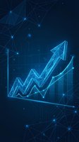 Digital growth arrow chart with glowing blue network connections and data visualization elements for business analytics and financial reports.