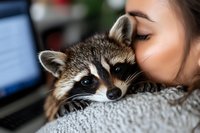 Young Asian woman cuddling with adorable raccoon pet in cozy home setting, showing tender moment between human and exotic animal companion.