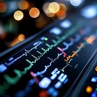Medical monitor displaying colorful vital signs with heart rhythm waves against dark background with blurred bokeh lights, close-up view for healthcare concepts.