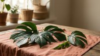 Tropical plant with large green striped leaves arranged on textured pink fabric, surrounded by woven planters on neutral background for home decor and botanical styling.