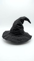 Black witch hat with curved pointed tip isolated on white background for Halloween costume and magical themed designs.