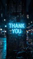 Neon thank you sign glowing blue on weathered brick wall in dark urban alley at night with bicycle and bokeh city lights, suitable for gratitude and appreciation messaging.